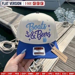 May include: A cream-colored baseball cap with a blue brim featuring embroidered text that reads Boats & Beers in blue and purple script. The design includes a small anchor, a beer mug, and star icons. A sticker on the brim lists 4, 5, and 6 inches.
