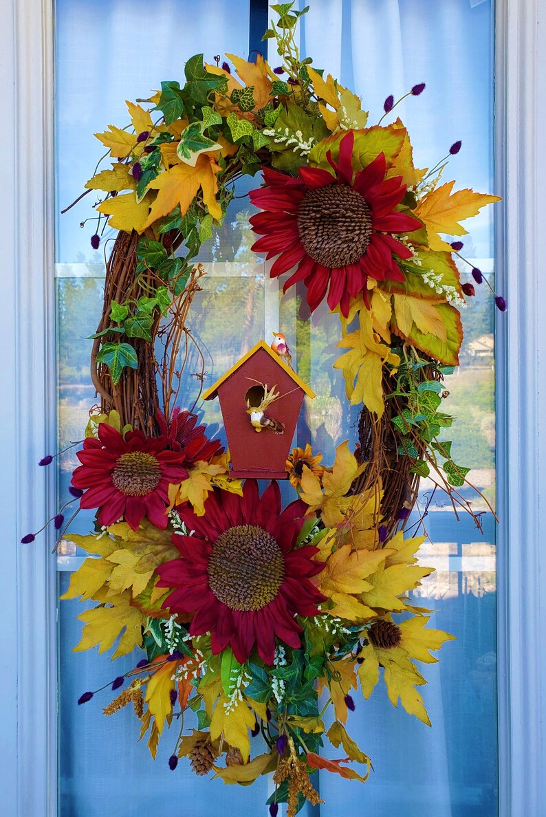 Fall Wreath Autumn wreath Sunflower birdhouse birds harvest Thanksgiving fall wreaths floral door wreath wall wreath red yellow home decor