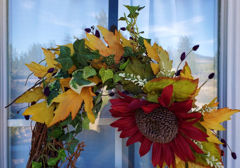 Fall Wreath Autumn wreath Sunflower birdhouse birds harvest Thanksgiving fall wreaths floral door wreath wall wreath red yellow home decor