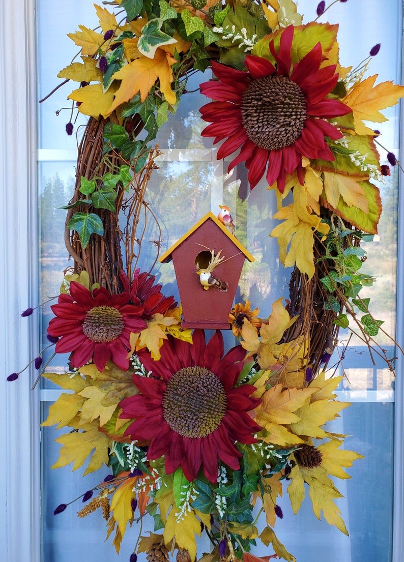 Fall Wreath Autumn wreath Sunflower birdhouse birds harvest Thanksgiving fall wreaths floral door wreath wall wreath red yellow home decor