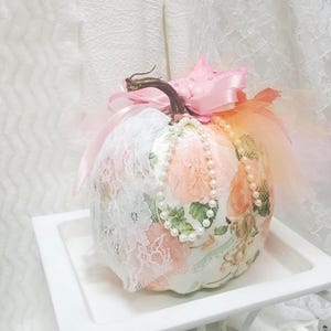 Shabby Chic pumpkin fall decor Autumn shabby chic pearls lace Shabby fall pumpkins floral pink English cottage tabletop shabby style