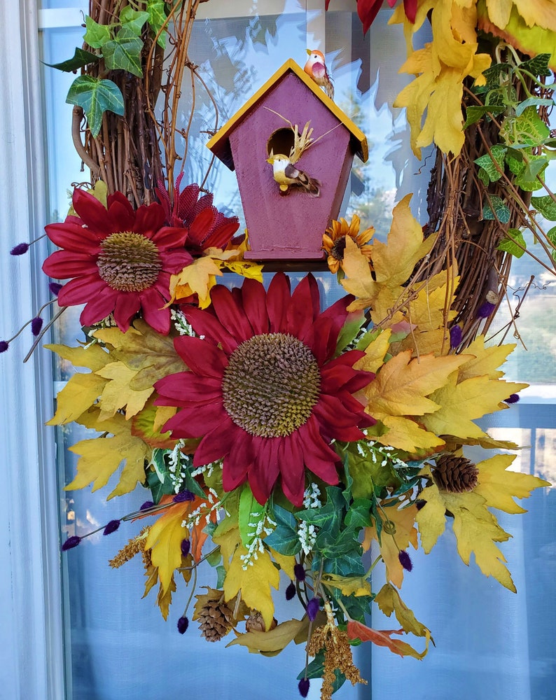 Fall Wreath Autumn wreath Sunflower birdhouse birds harvest Thanksgiving fall wreaths floral door wreath wall wreath red yellow home decor