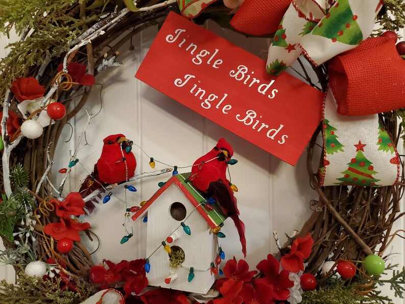 Christmas Wreath Birds Cardinal Birdhouse Christmas Lights Etsy