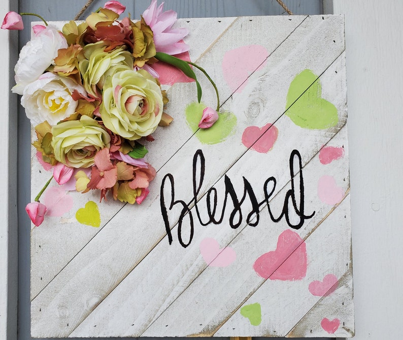 Shabby Chic Wood Sign, Floral Sign Wall Decor Hearts Blessed Message