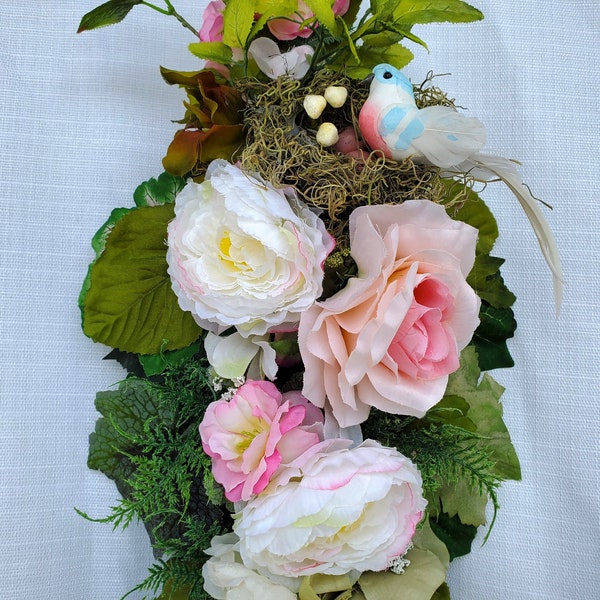 spring wreath swag shabby chic English cottage floral door swag bird nest eggs romantic spring decor Mother's day gifts rose cottage core
