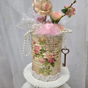 shabby chic floral arrangement lace tulle pearls key heart jewels tin can shabby chic home decor cottage romantic decor gifts