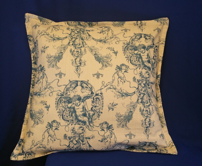 Blue Toile Pillow Cover Angel Fabric Cherub Pillows Throw Etsy