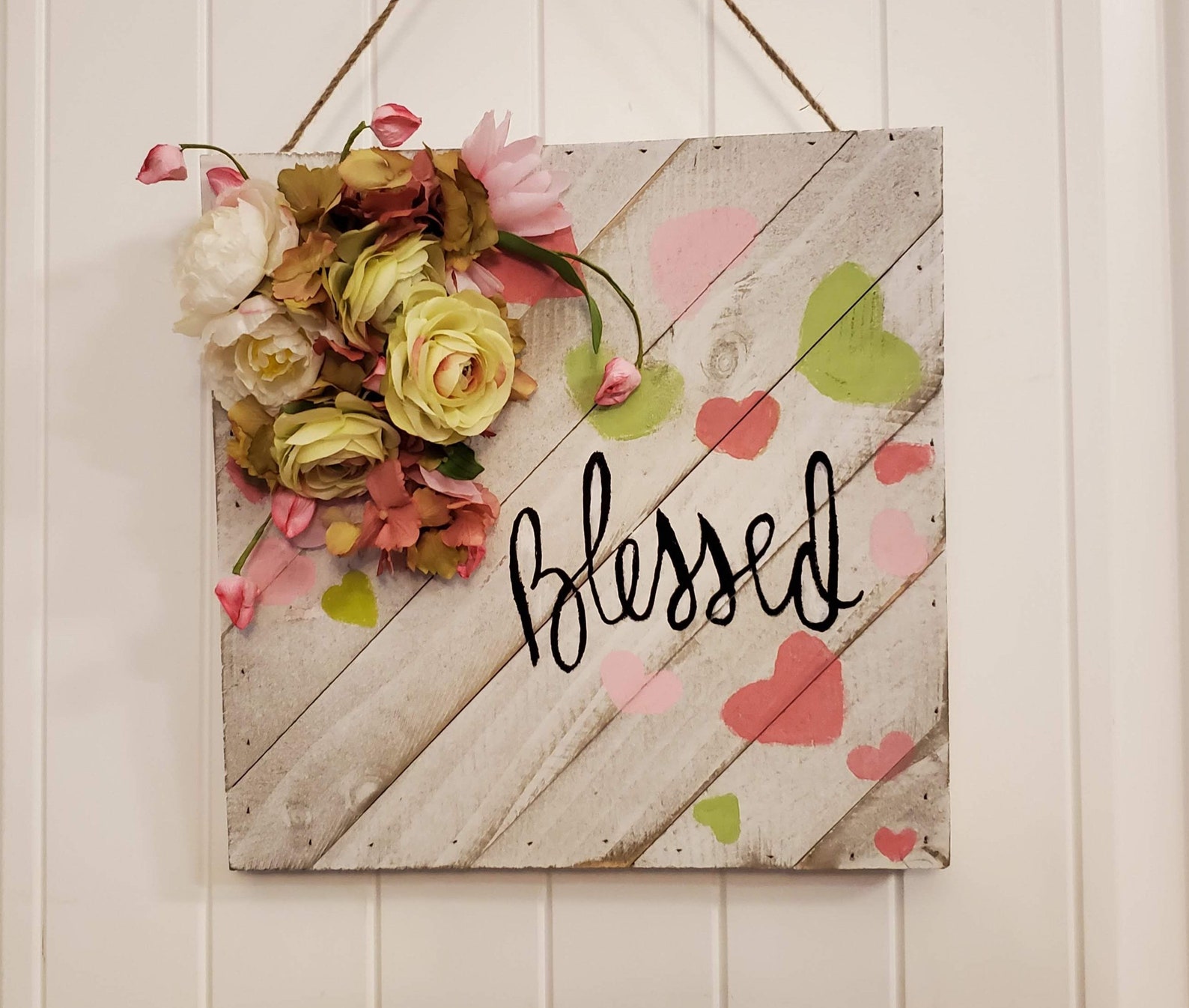 Shabby Chic Wood Sign, Floral Sign Wall Decor Hearts Blessed Message