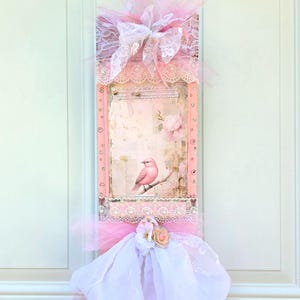 shabby chic wall hanging lace pearls jewels  bird tulle gifts floral Shabby Chic cottage Victorian home decor pink ribbon vintage lace