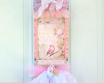 shabby chic wall hanging lace pearls jewels  bird tulle Christmas gifts floral  cottage Victorian  pink ribbon vintage lace