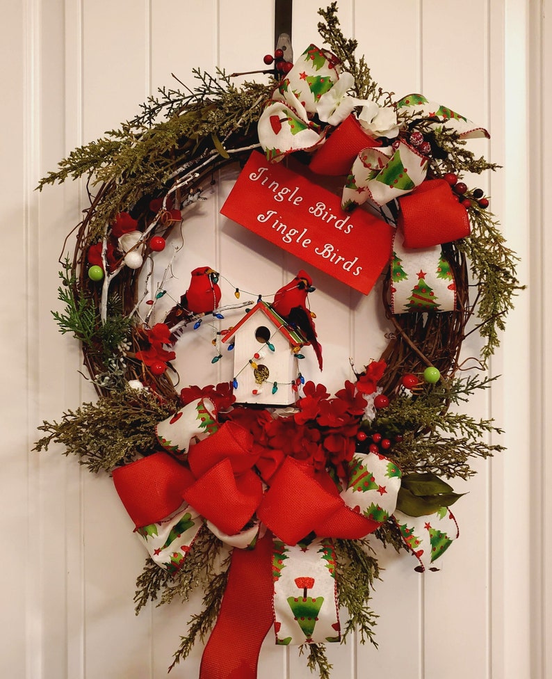 Christmas Wreath Birds Cardinal Birdhouse Christmas Lights Etsy
