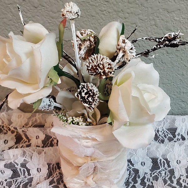 Shabby chic  white floral arrangement shabby tin can aged ribbon white roses winter twigs home decor shabby chic style gifts winter beauty