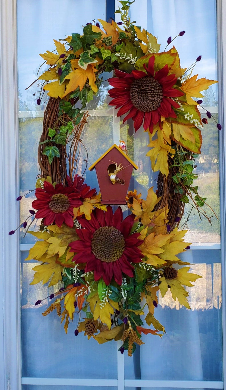 Fall Wreath Autumn wreath Sunflower birdhouse birds harvest Thanksgiving fall wreaths floral door wreath wall wreath red yellow home decor