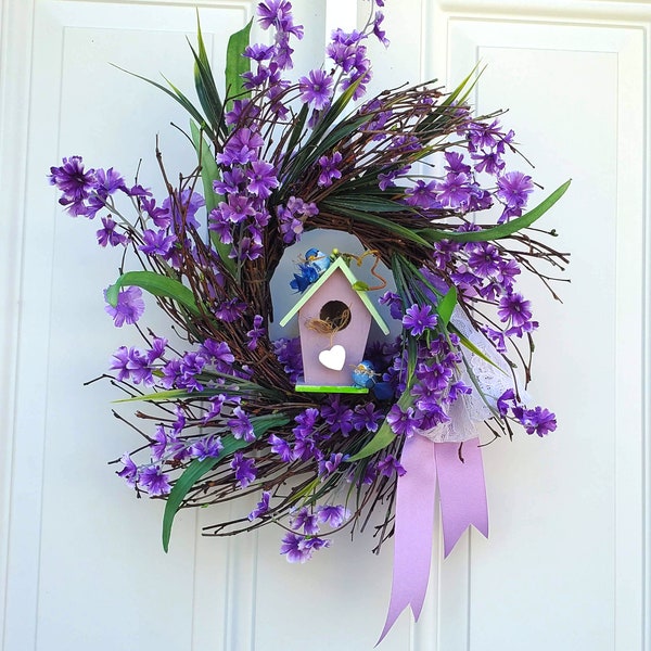 spring summer wreath birdhouse birds door or wall wreath Purple blooms bird collection birdhouses gifts housewarming Mother's day