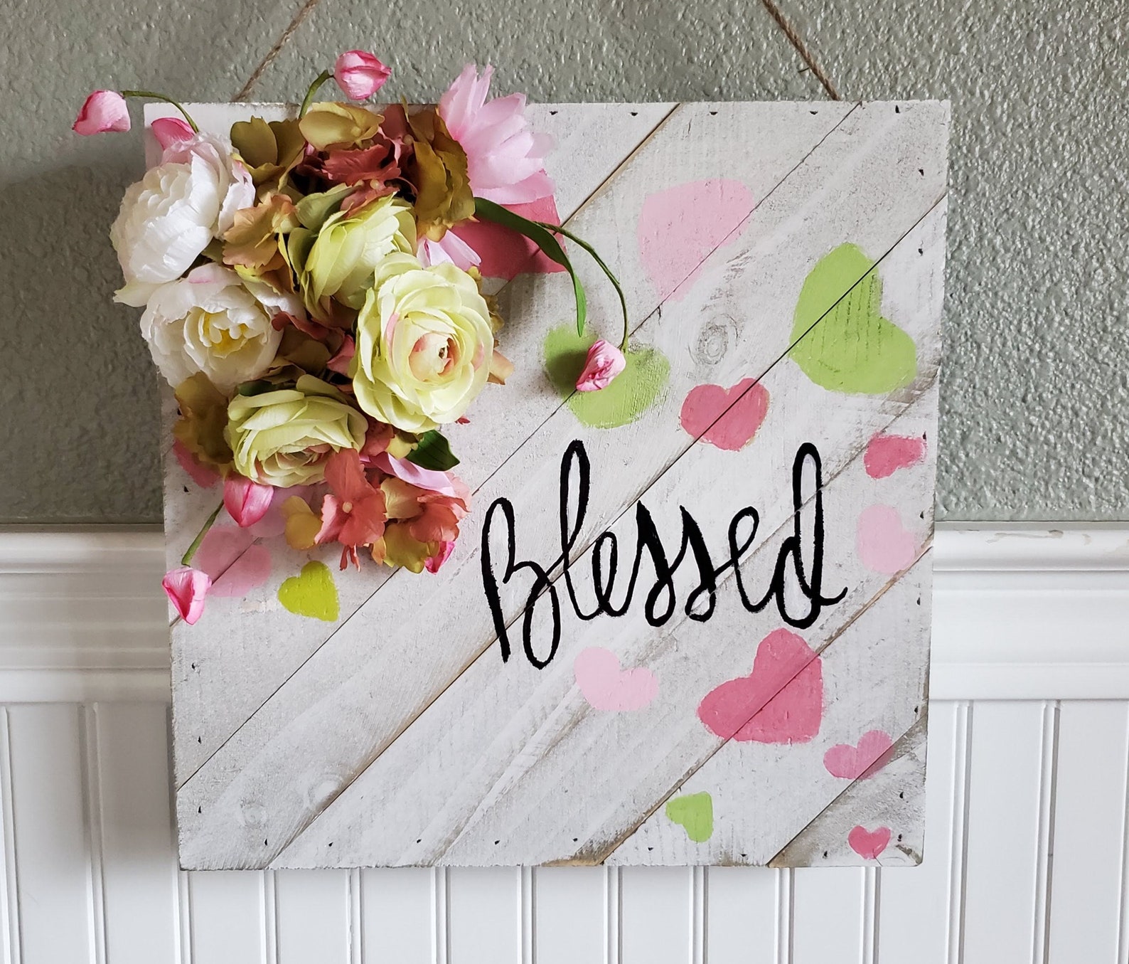 Shabby Chic Wood Sign, Floral Sign Wall Decor Hearts Blessed Message