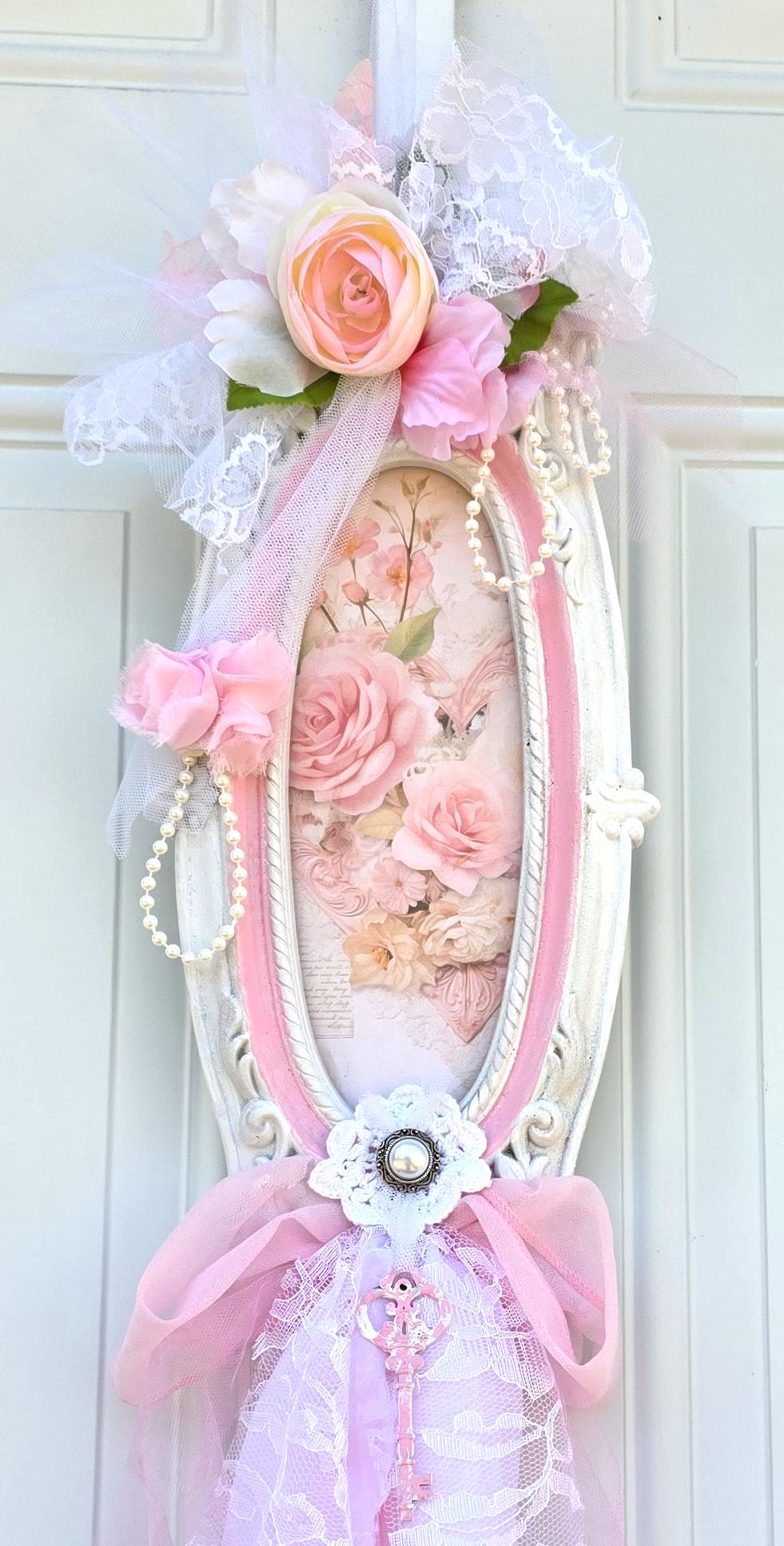 Shabby Chic Wall Hanging Lace Tulle Pearls Key Pink Roses Cottage Decor ...