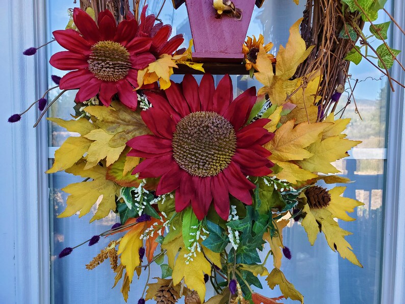 Fall Wreath Autumn wreath Sunflower birdhouse birds harvest Thanksgiving fall wreaths floral door wreath wall wreath red yellow home decor