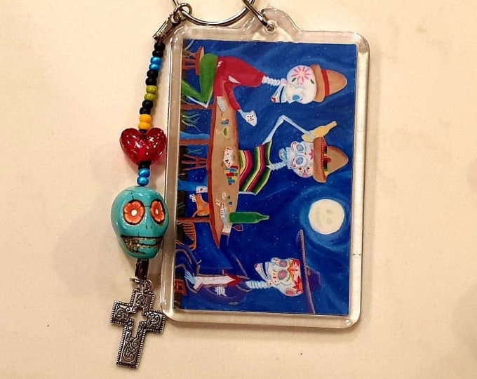 Day of the Dead Keychain, Dia de los Muertos, Chicano art, Mexican, calaca, calavera, sugar skull, dog, poker, town, scene,