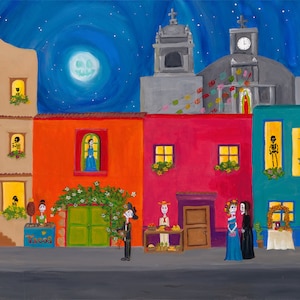 Noche de fiesta - Day of the Dead Art Print, Dia de los Muertos Wall Art, Mexican Art, Acrylic Painting,