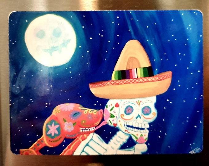Calaca's Best Friend - Day of the Dead Fridge kitchen Magnet, Dia de los Muertos, Sugar Skull, Dog,