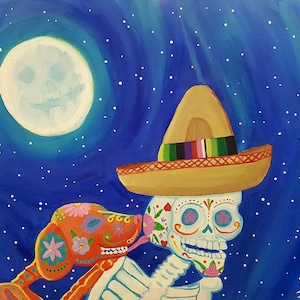Calaca's Best Friend - Día de Muertos, Cartel de Alta Calidad, Arte Mural Del Día de los Muertos, Arte Mexicano, Pintura Acrílica,