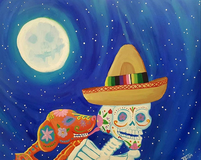 Calaca's Best Friend - Day of the Dead, High-Quality Poster, Dia de los Muertos Wall Art, Mexican Art, Acrylic Painting,