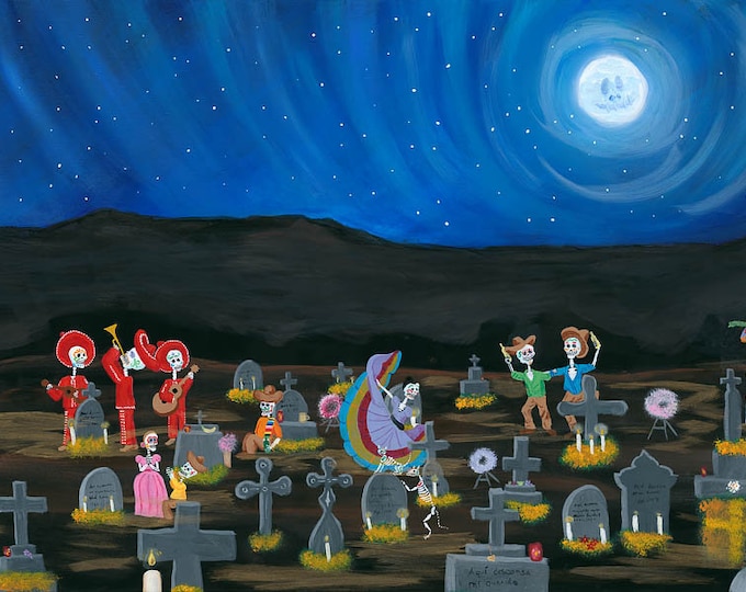 Cemetery Fiesta - Day of the Dead Art Print, Dia de los Muertos Wall Art, High-Quality Poster, Mexican Art, Acrylic Painting,