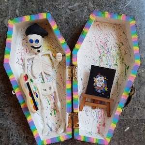 Day of the Dead Sugar Skull Artist Coffin With Clay Skeleton Figurine, Dia de los Muertos