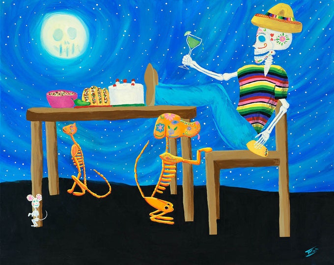 Taco Aficionado - Day of the Dead, High-Quality Poster, Dia de los Muertos Wall Art, Mexican Art, Acrylic Painting