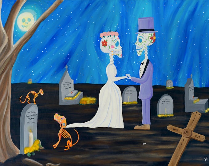 Amor Eterno - Day of the Dead, High-Quality Poster, Dia de los Muertos Wall Art, Mexican Art, Acrylic Painting,