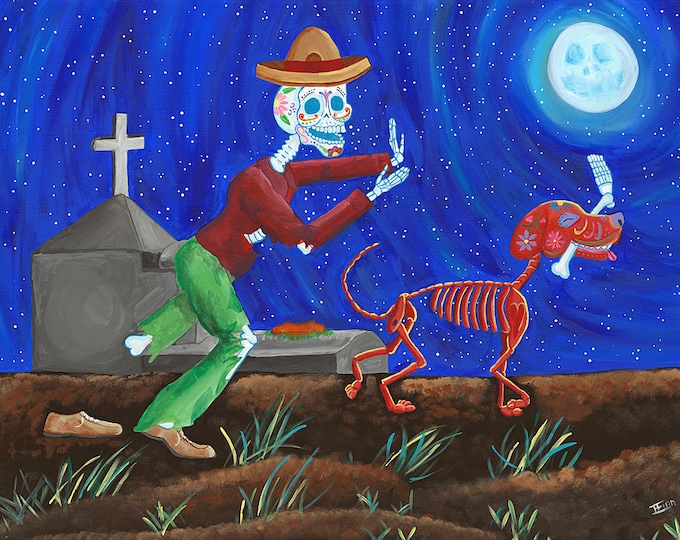 Dog Gone It! - Day of the Dead, High-Quality Poster, Dia de los Muertos Wall Art, Mexican Art, Acrylic Painting,