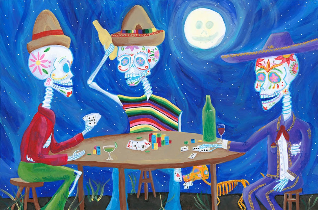 Calacas Playing Poker - Day of the Dead Art Print, High-quality Poster ...