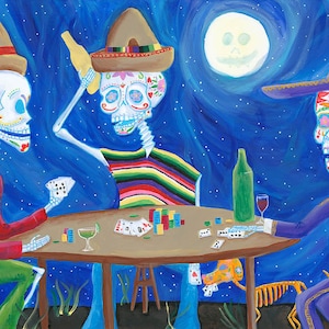 Calacas Spielt Poker - Tag der Toten Kunstdruck, Hochwertiges Poster, Dia de los Muertos Wandkunst, mexikanische Kunst, Acrylmalerei,