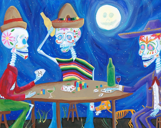 Calacas Playing Poker - Day of the Dead Art Print, High-Quality Poster, Dia de los Muertos Wall Art, Mexican Art, Acrylic Painting,