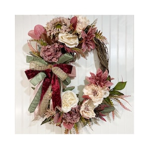 Autumn mauve, dusty rose and cream floral twig wreath for front door, muted pinks fall floral grapevine decor, maroon and cream wall wreath.