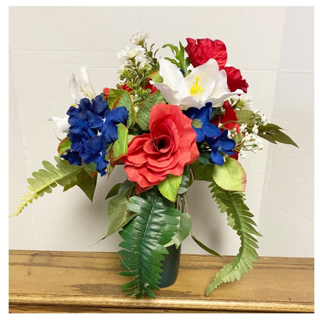 Patriotic Floral Arrangement, Red White Blue Cemetery Vase - Etsy
