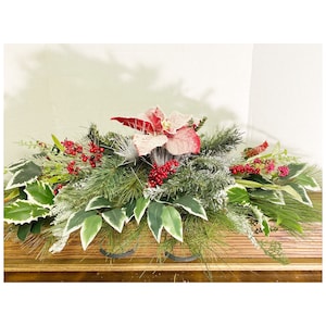 Winter pine and poinsettia grave saddle, grave blanket, Christmas graveside flower arrangement, winter headstone memorial arrangement,