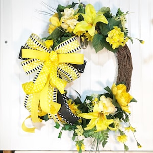 Everyday sunshine yellow flower twig wreath for your front door, Country Summer peony and hydrangea cheerful porch wreath.