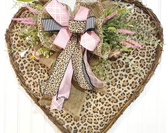 Animal print heart shaped twig wreath for front door, valentine cheetah print grapevine door hanger, wedding gift, love gift.