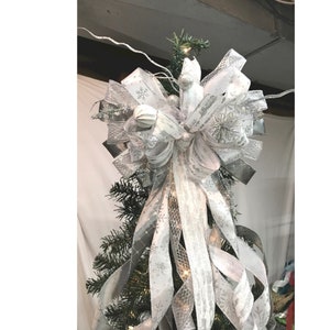 Christmas Holiday tree topper silver glittery bow for your tree, silver and birch ribbon oversized wreath bow decor, Christmas lantern bow.