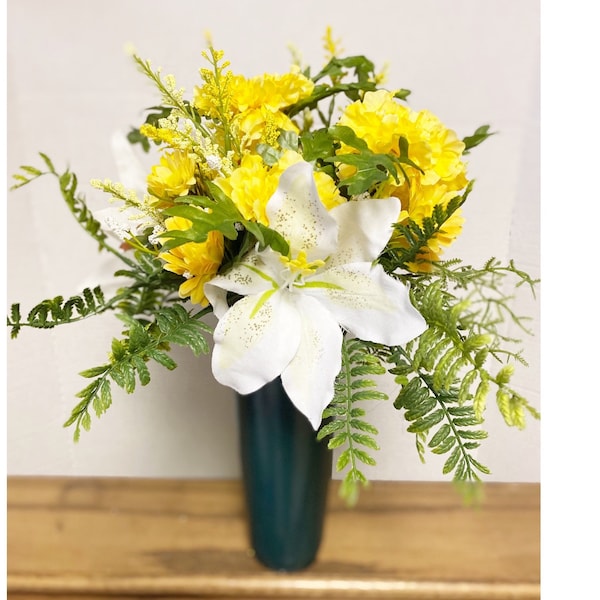 Graveside yellow and white cemetery flower vase, memorial grave site floral decoration,vase of vibrant floral arrangement for cemetery.