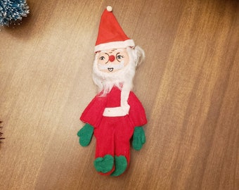 Christmas Flat Felt Santa, Red and White Suit with Green Hands and Feet Hand Painted Face, Soft Cotton Beard