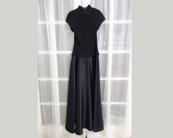 RESERVED. 80s Tadashi Saks 5th Ave Modern Minimalist Cheongsam Evening Dress - Satin MockNeck Cheongsam Dress - Black Satin Prom Dress Size8
