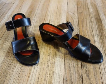 90s Basic Black Leather Slingback Mules - Italian Chunky Heel Wedge Sandals by Stonefly Size 41