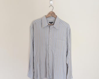 Vintage 90s Oversized Blue and White Striped Silk Button Up Blouse