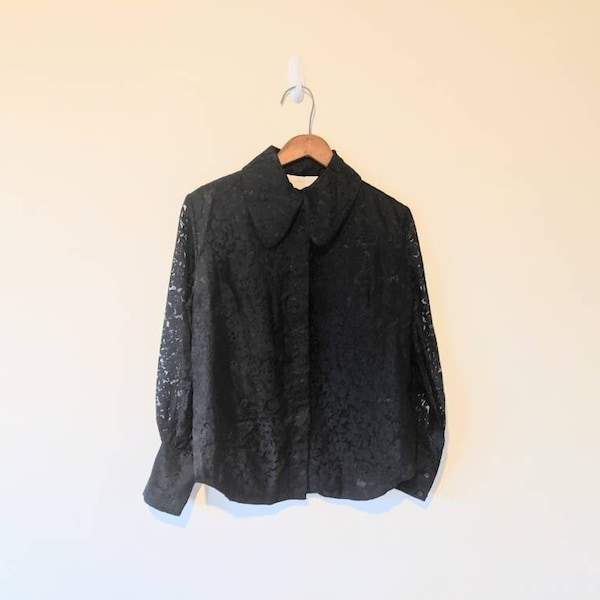 Vintage 60s Romantic Black Lace Button Down Blouse