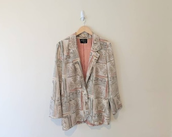 Vintage 80s Pastel Printed Floral Linen Blazer Jacket