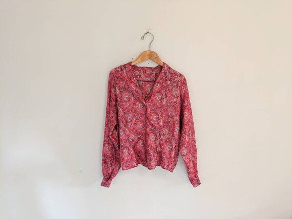 70s Vintage Indian Gauze Printed Poet Blouse - Rom