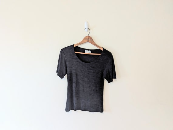 Vintage 90s Stretchy Black Nylon T-Shirt - image 1