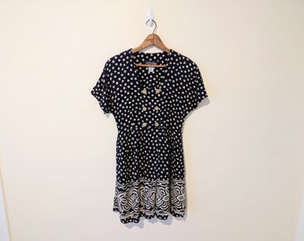 Vintage 90s Floral Front Button MiniDress - Earthy Minimal Square Neckline Dress